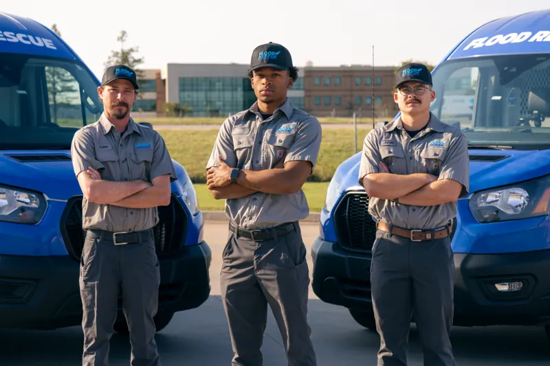 Three Flood Rescue technicians in uniform standing in front of their service vans