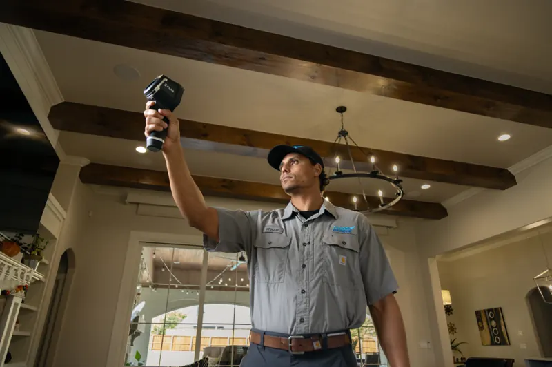 Flood Rescue technician scanning a living room ceiling with a thermal imaging camera